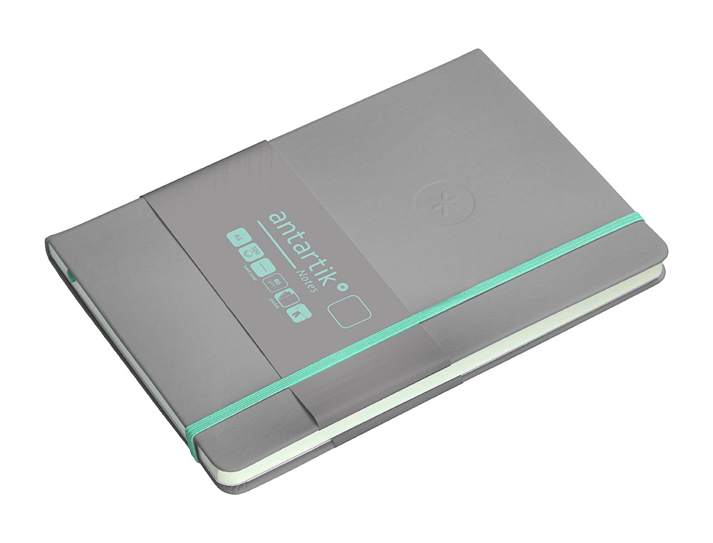 CADERNO COM ELASTICO ANTARTIK NOTES CAPA DURA A5 LISO CINZA E TURQUESA 100 FOLHAS 80 GR FSC