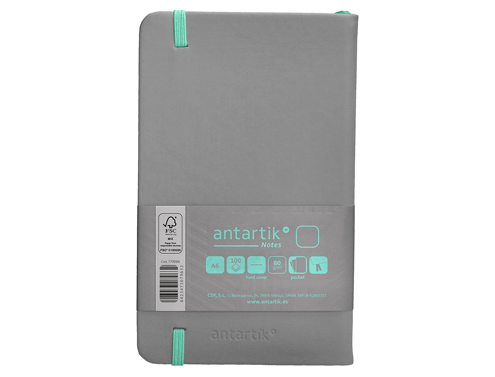 CADERNO COM ELASTICO ANTARTIK NOTES CAPA DURA A6 LISO CINZA E TURQUESA 100 FOLHAS 80 GR FSC