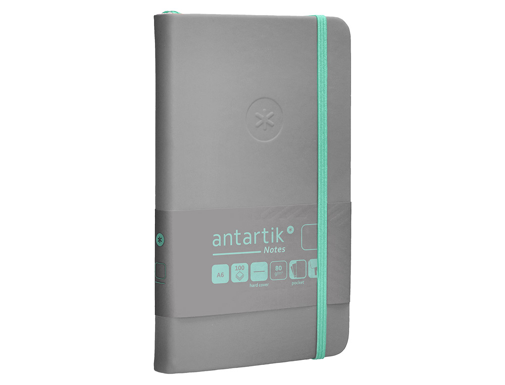 CADERNO COM ELASTICO ANTARTIK NOTES CAPA DURA A6 LISO CINZA E TURQUESA 100 FOLHAS 80 GR FSC