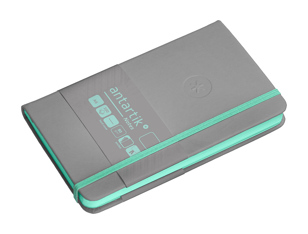 CADERNO COM ELASTICO ANTARTIK NOTES CAPA DURA A6 LISO CINZA E TURQUESA 100 FOLHAS 80 GR FSC
