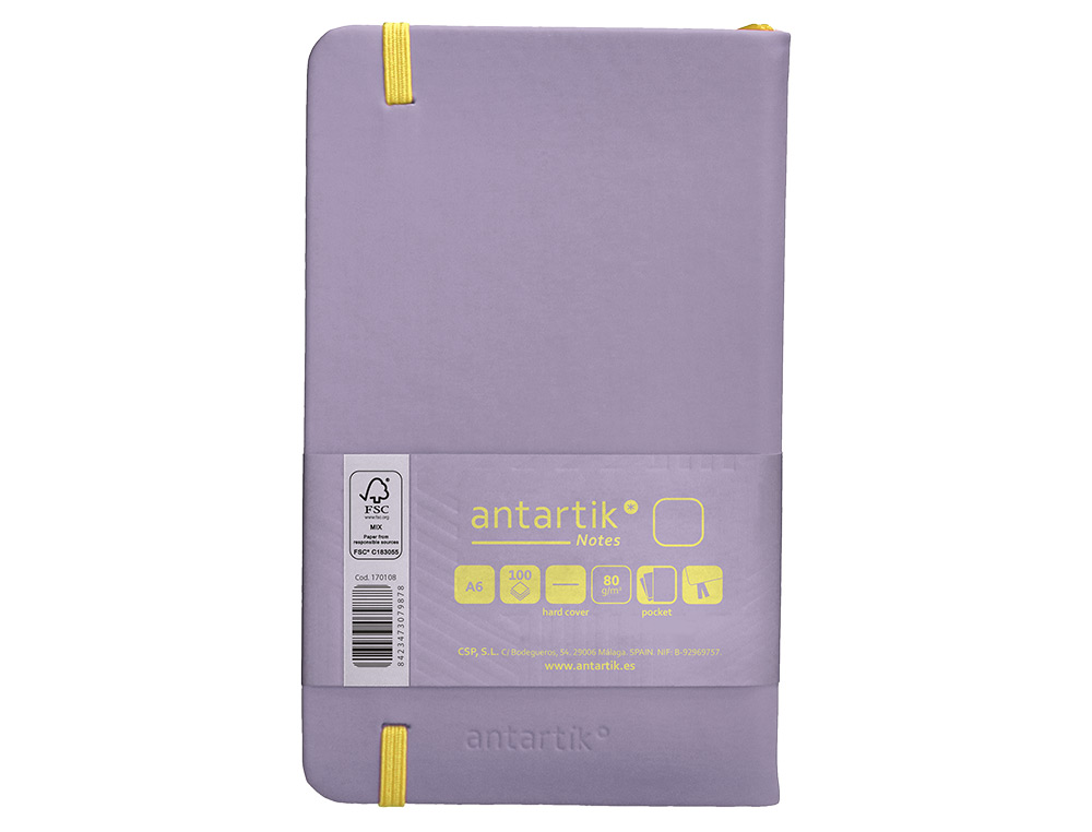 CADERNO COM ELASTICO ANTARTIK NOTES CAPA DURA A6 LISO ROXO E AMARELO 100 FOLHAS 80 GR FSC