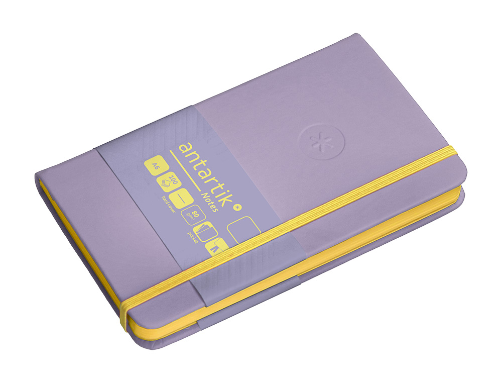 CADERNO COM ELASTICO ANTARTIK NOTES CAPA DURA A6 LISO ROXO E AMARELO 100 FOLHAS 80 GR FSC