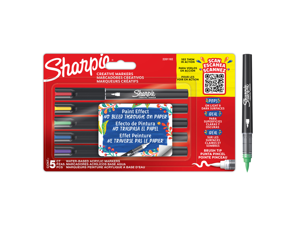 MARCADOR SHARPIE ACRYLIC PONTA PINCEL BLISTER DE 5 UNIDADES CORES SORTIDAS