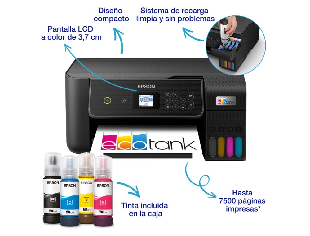 EQUIPO MULTIFUNCION EPSON ECOTANK ET-2870 TINTA COLOR DIN A4 33 PPM NEGRO / 15 PPM COLOR WIFI IMPRESORA ESCANER