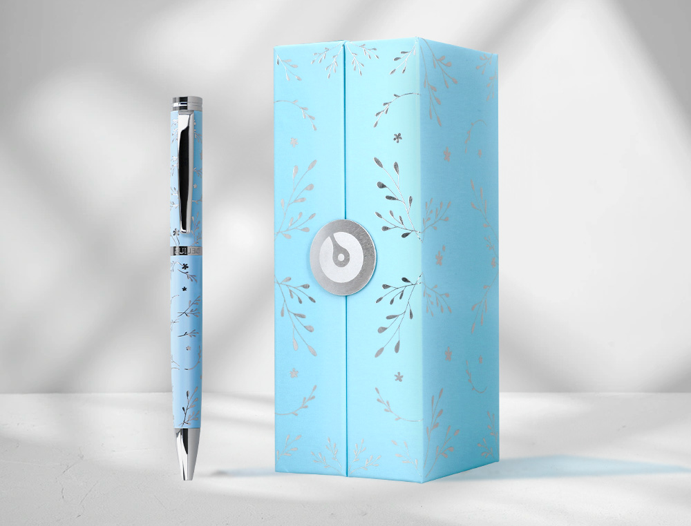 ESFEROGRAFICA BELIUS BELLA ALUMINIO COR AZUL CELESTE DESENHO PRATEADO RELEVO TINTA AZUL CAIXA DE DESIGN