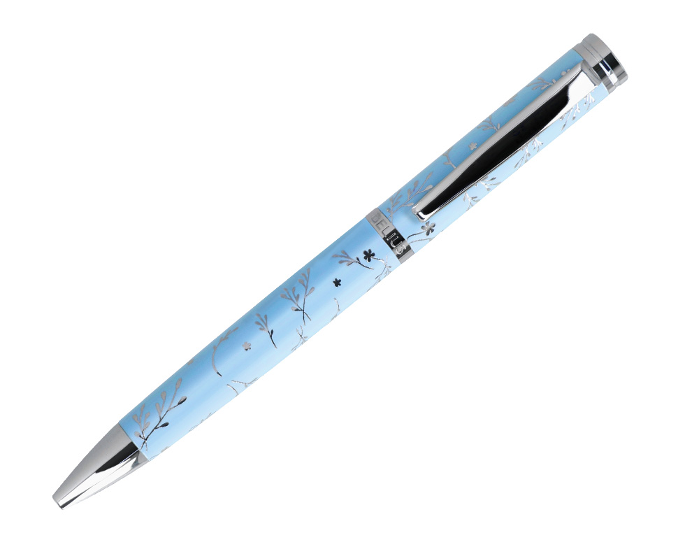 ESFEROGRAFICA BELIUS BELLA ALUMINIO COR AZUL CELESTE DESENHO PRATEADO RELEVO TINTA AZUL CAIXA DE DESIGN
