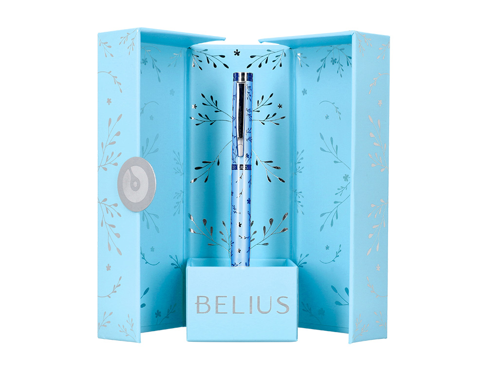 ESFEROGRAFICA BELIUS BELLA ALUMINIO COR AZUL CELESTE DESENHO PRATEADO RELEVO TINTA AZUL CAIXA DE DESIGN