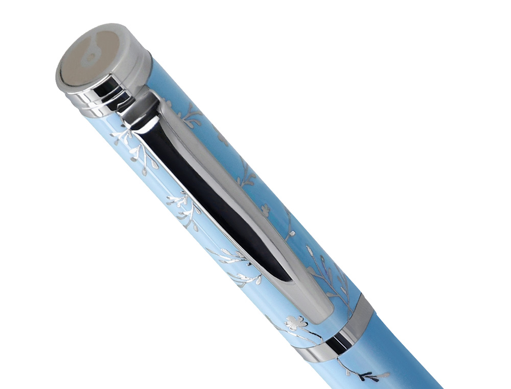 ESFEROGRAFICA BELIUS BELLA ALUMINIO COR AZUL CELESTE DESENHO PRATEADO RELEVO TINTA AZUL CAIXA DE DESIGN