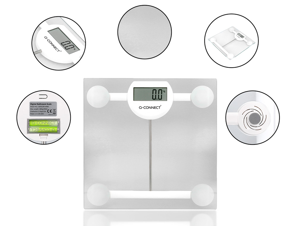 BALANCA CASA DE BANHO Q-CONNECT DIGITAL COM ECRA LCD PRECISAO 100 GR CAPACIDADE DE 5 KG A 180 KG 300X300X22MM