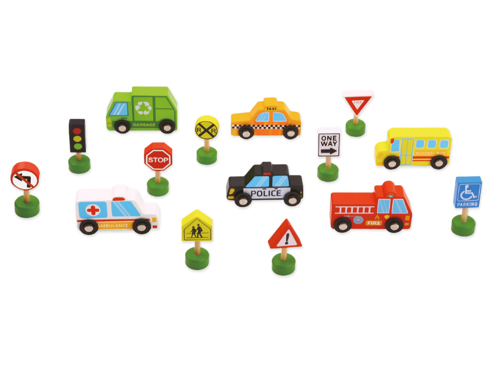 JOGO INFANTIL IMAGINOVO MADEIRA VEICULOS E SINAIS DE TRANSITO +3 ANOS 16 PECAS 30X22X4CM