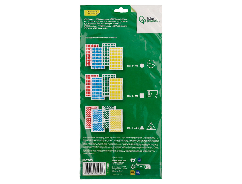 ETIQUETAS ESCOLAR LIDERPAPEL FIGURAS SORTIDAS BOLSA DE 12 FOLHAS FIGURAS GEOMETRICAS PEQUENAS CORES SORTIDAS