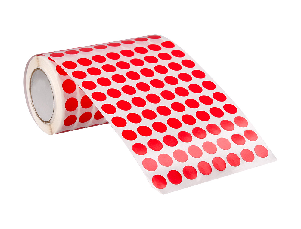 ETIQUETAS ESCOLAR LIDERPAPEL AUTOADESIVAS CIRCULOS 10,5 MM VERMELHO ROLO DE 6000 UNIDADES EM CAIXA DE CARTAO