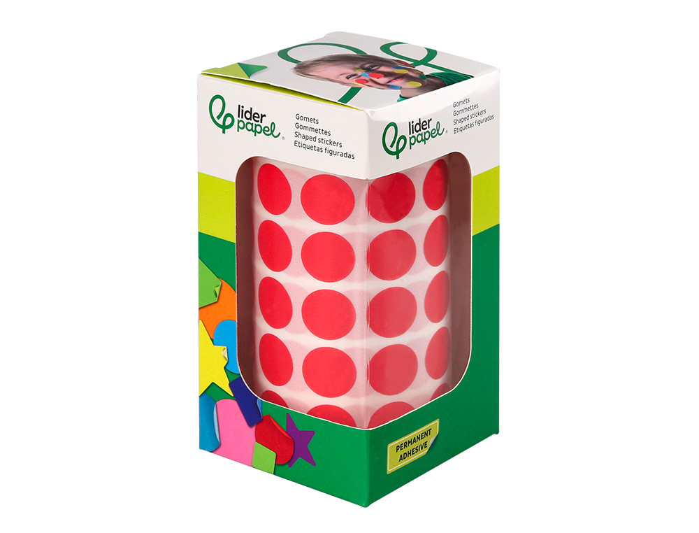 ETIQUETAS ESCOLAR LIDERPAPEL AUTOADESIVAS CIRCULOS 15 MM VERMELHO ROLO DE 2500 UNIDADES EM CAIXA DE CARTAO