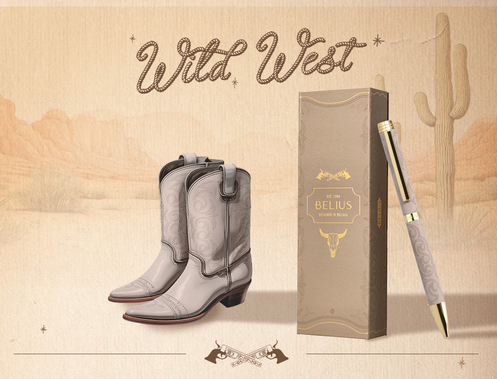 ESFEROGRAFICA BELIUS WILD WEST ALUMINIO COR BEGE DOURADO TINTA COR AZUL CAIXA DE DESIGN