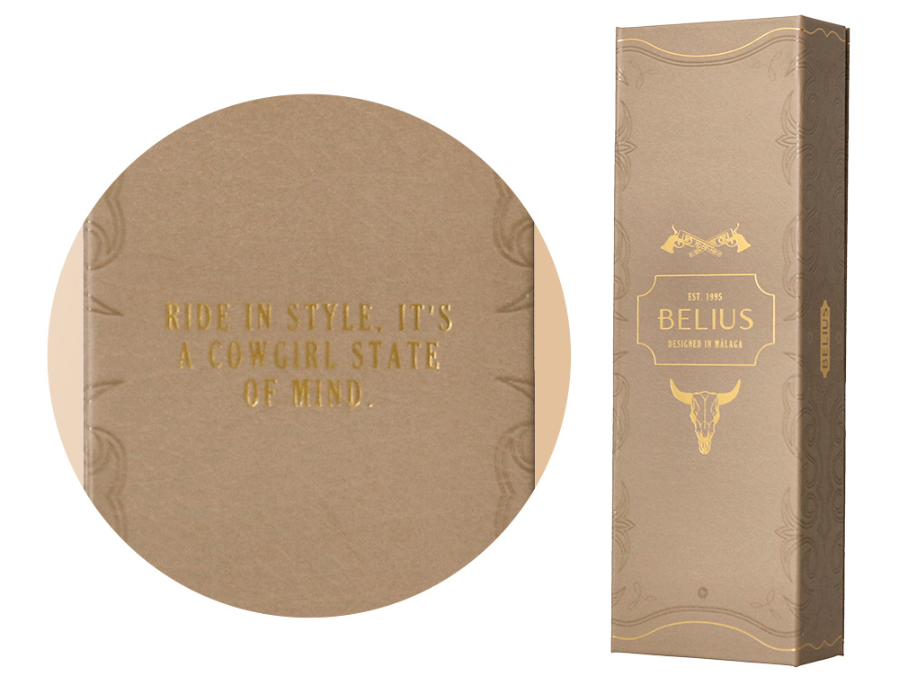 ESFEROGRAFICA BELIUS WILD WEST ALUMINIO COR BEGE DOURADO TINTA COR AZUL CAIXA DE DESIGN