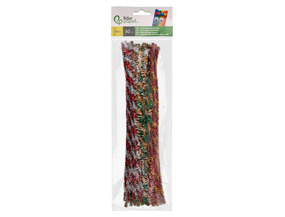 TIRAS DE CHENILLE LIDERPAPEL 30 CM DUAS CORES BRILHANTES SORTIDAS BOLSA DE 30 UNIDADES