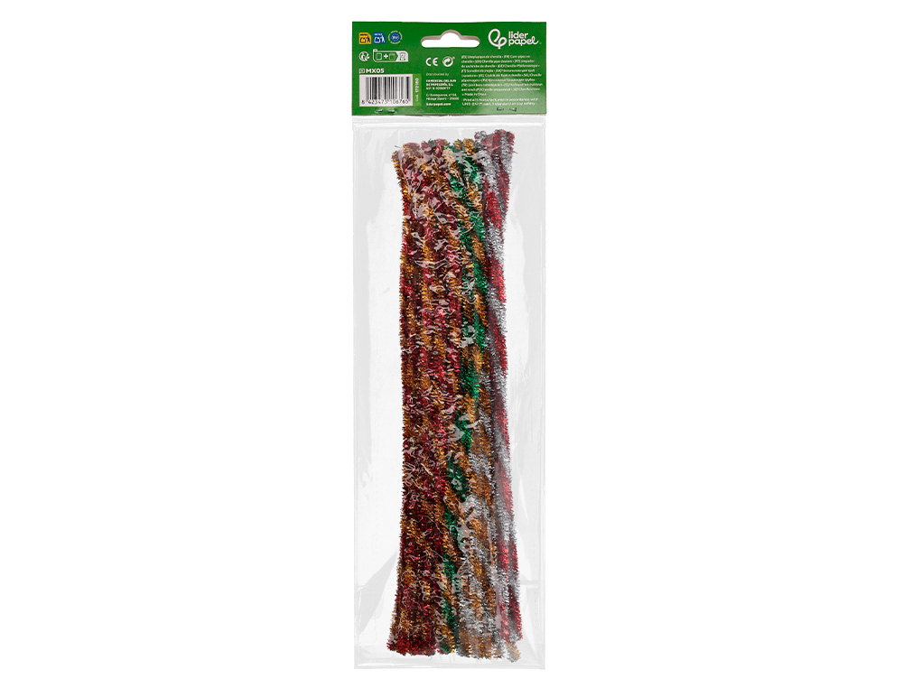 TIRAS DE CHENILLE LIDERPAPEL 30 CM DUAS CORES BRILHANTES SORTIDAS BOLSA DE 30 UNIDADES