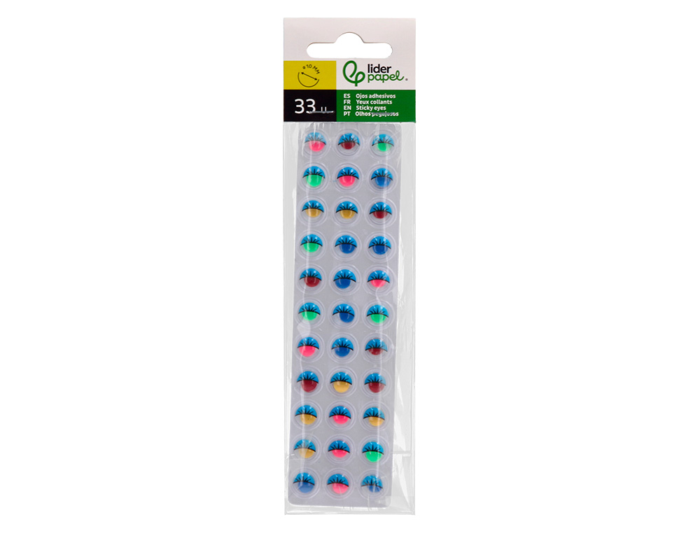 OLHO ADESIVO LIDERPAPEL 10 MM COM PUPILA DE COR E PESTANAS DE COR BOLSA DE 33 UNIDADES