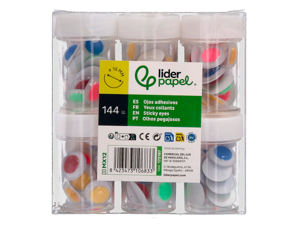 OLHO ADESIVO LIDERPAPEL 15 MM BRANCO COM PUPILA DE CORES SORTIDAS PACK DE 144 UNIDADES
