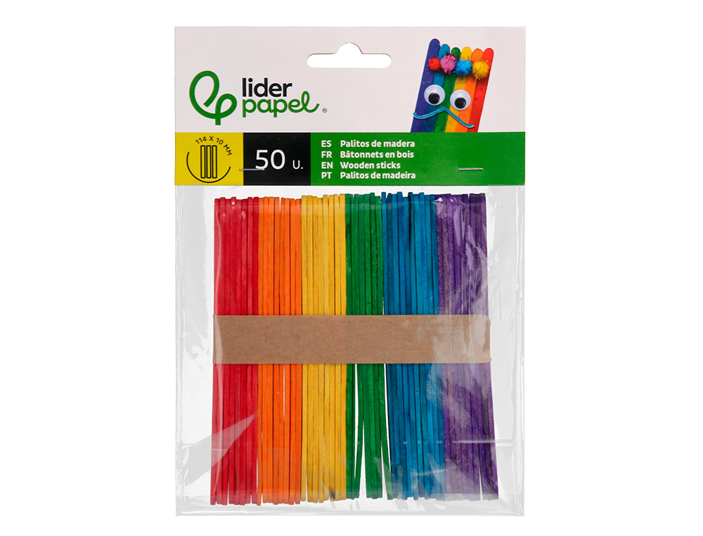 PALITOS DE MADEIRA LIDERPAPEL CORES SORTIDAS 11,4X1 CM BOLSA COM 50 UNIDADES
