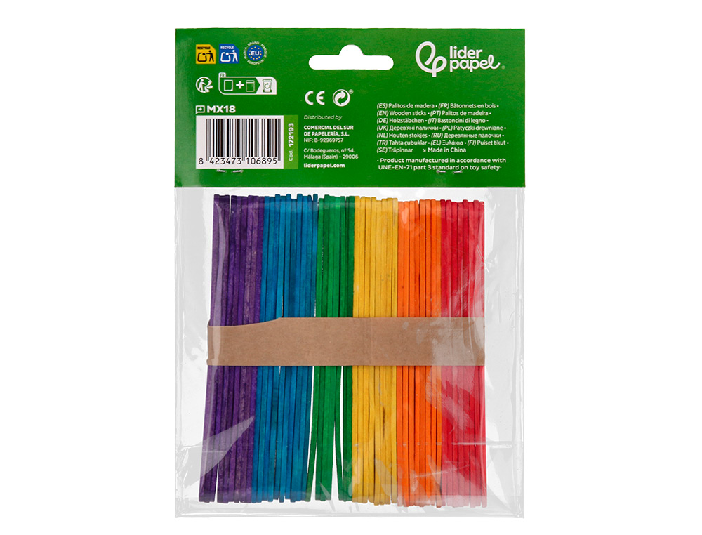 PALITOS DE MADEIRA LIDERPAPEL CORES SORTIDAS 11,4X1 CM BOLSA COM 50 UNIDADES