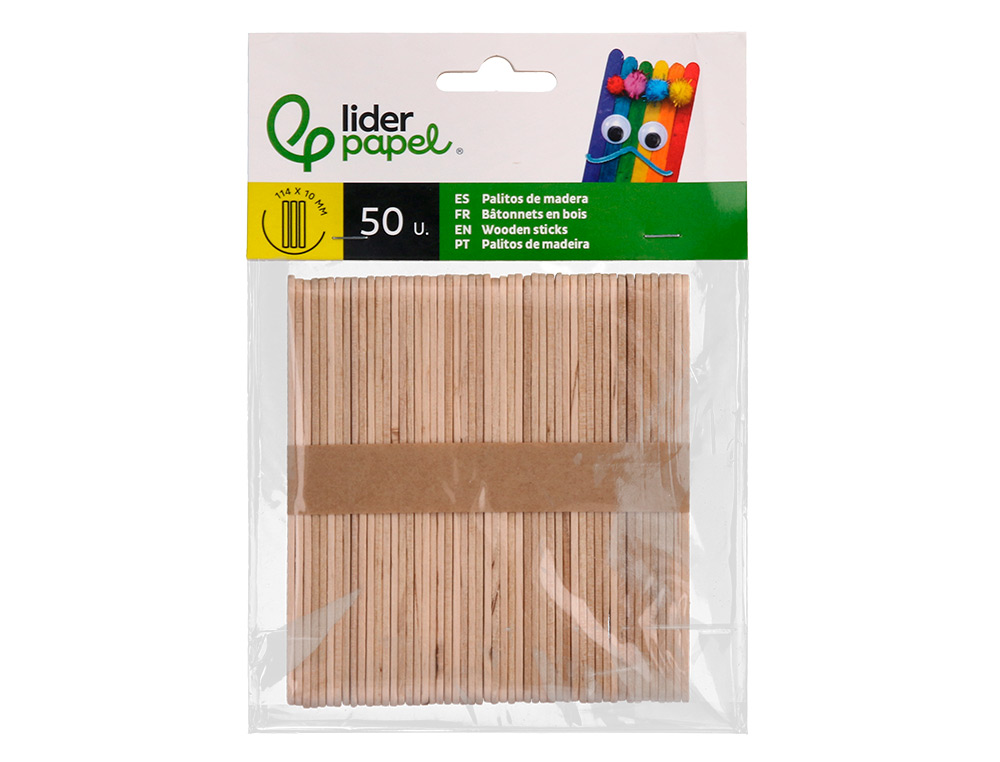 PALITOS DE MADEIRA LIDERPAPEL COR NATURAL 11,4 X 1 CM BOLSA COM 50 UNIDADES