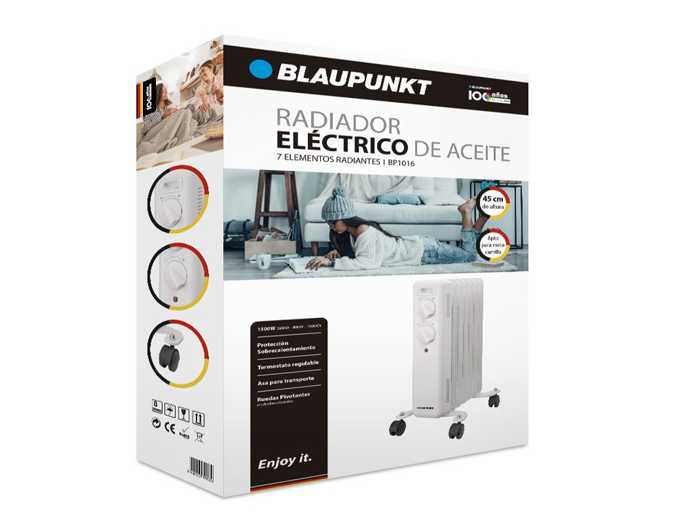 RADIADOR DE OLEO BLAUPUNKT 1500W 7 ELEMENTOS CALORIFICOS PROTECAO SOBRE AQUECIMENTO COM RODAS COR BRANCO