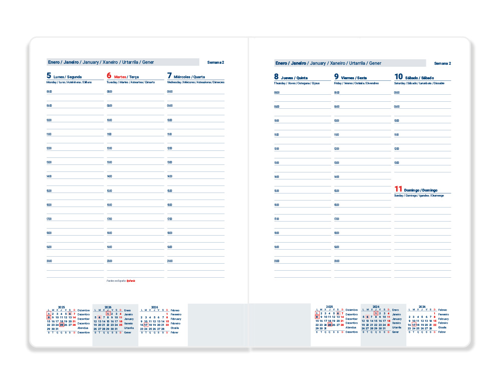 AGENDA ESPIRAL LIDERPAPEL KIMOLOS A6 2026 SEMANA VISTA FOCUS PAPEL 70 GR FSC