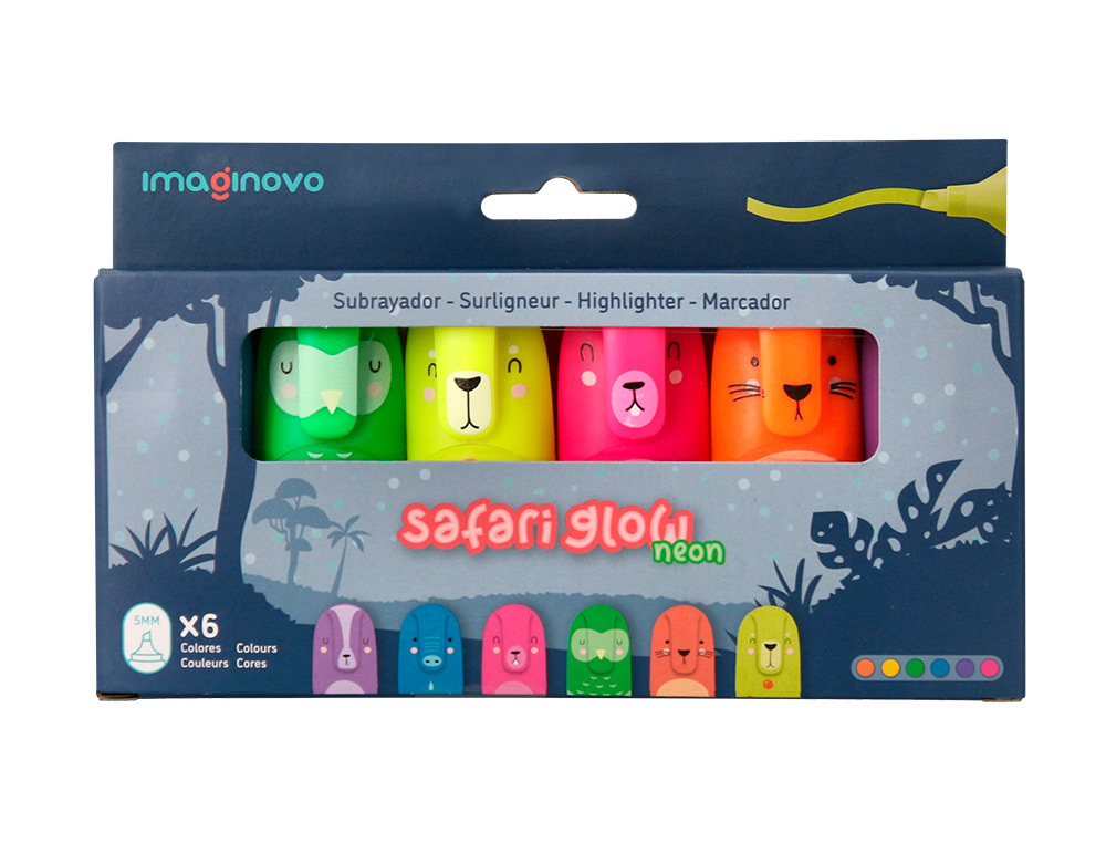 MARCADOR FLUORESCENTE IMAGINOVO SAFARI GLOW NEON ANIMAIS E CLIP CAIXA DE 6 UNIDADES SORTIDAS