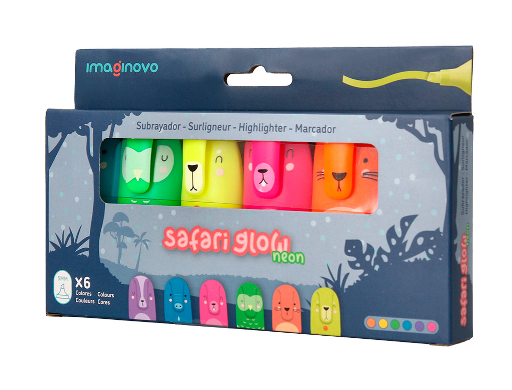 MARCADOR FLUORESCENTE IMAGINOVO SAFARI GLOW NEON ANIMAIS E CLIP CAIXA DE 6 UNIDADES SORTIDAS