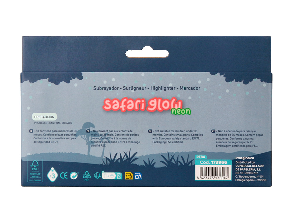 MARCADOR FLUORESCENTE IMAGINOVO SAFARI GLOW NEON ANIMAIS E CLIP CAIXA DE 6 UNIDADES SORTIDAS