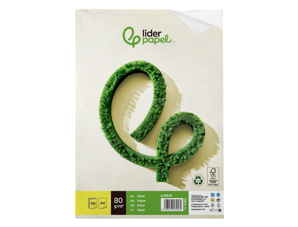 PAPEL LIDERPAPEL A4 80 GR RECICLADO LISO EMBALAGEM DE 100 FOLHAS