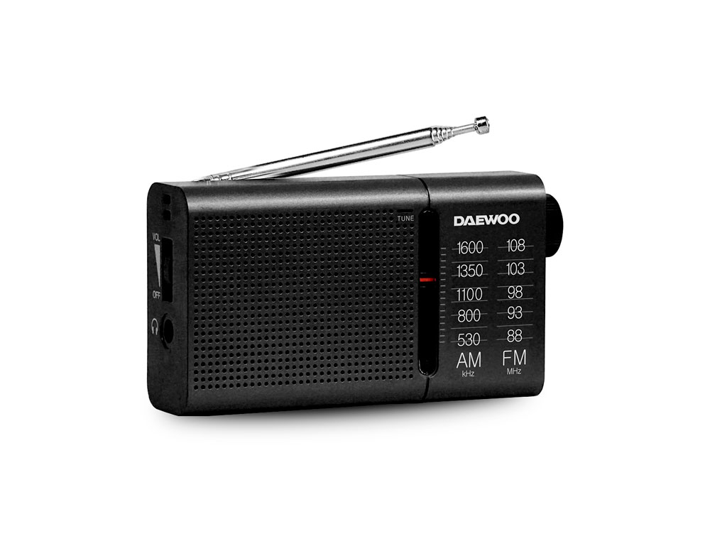 RADIO PORTATIL DAEWOO AM/FM ANTENA TELESCOPICA AURICULARES INCLUIDOS JACK 3.5 MM COR PRETO