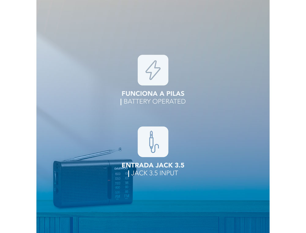 RADIO PORTATIL DAEWOO AM/FM ANTENA TELESCOPICA AURICULARES INCLUIDOS JACK 3.5 MM COR PRETO