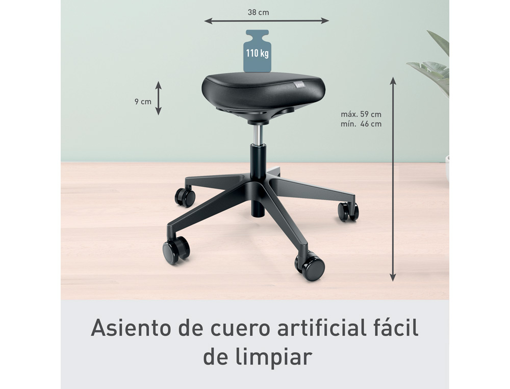 TAMBORETE LEITZ ERGO COM ASSENTO TRIANGULAR 5 RODAS GIRATORIAS REGULAVEL EM ALTURA ATE 59 CM PRETO 600X240X580 MM