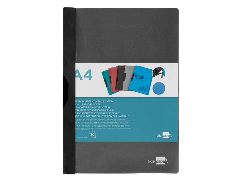 BOLSA DOSSIER LIDERPAPEL COM CLIP LATERAL DIN A4 PRETO 30 FOLHAS