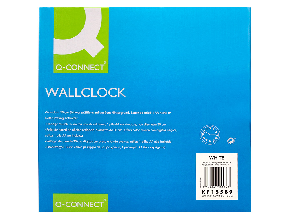 RELOGIO Q-CONNECT DE PAREDE REDONDO EM PLASTICO DIAMETRO 30 CM BRANCO