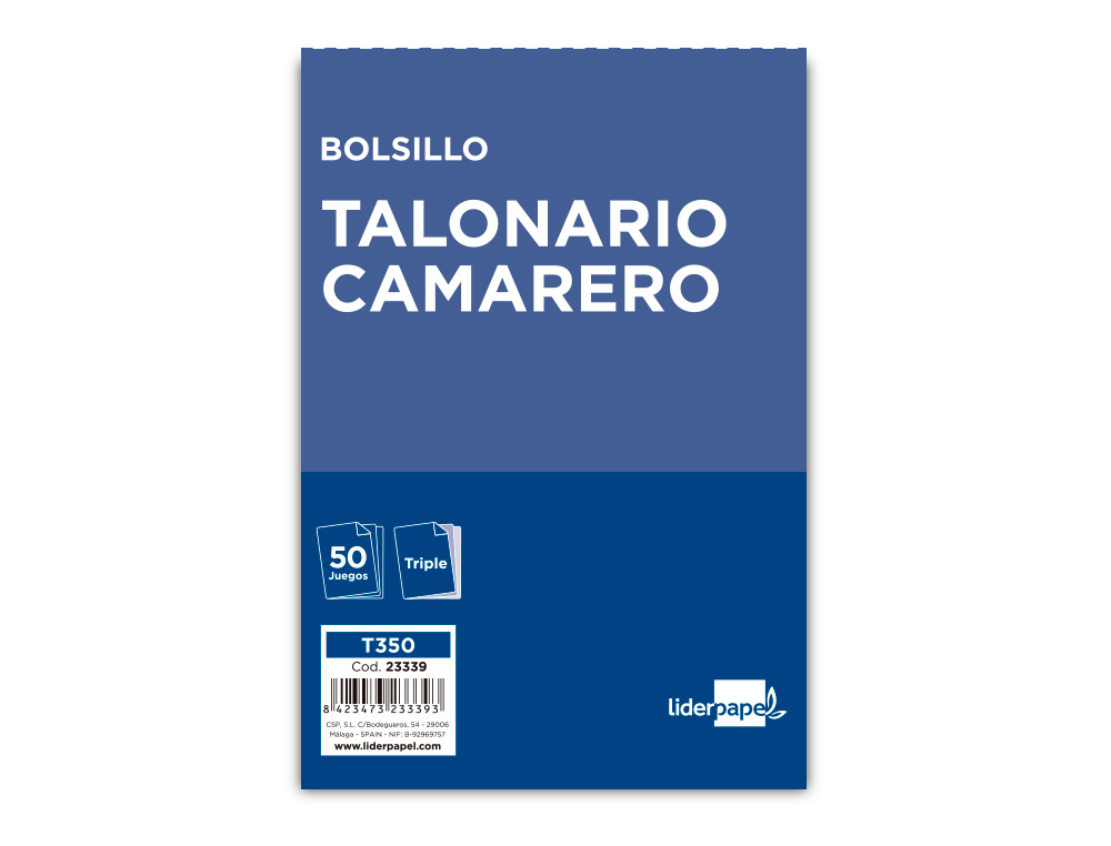 TALONARIO LIDERPAPEL CAMARERO DE BOLSILLO 85X135 MM 350 TRIPLICADO
