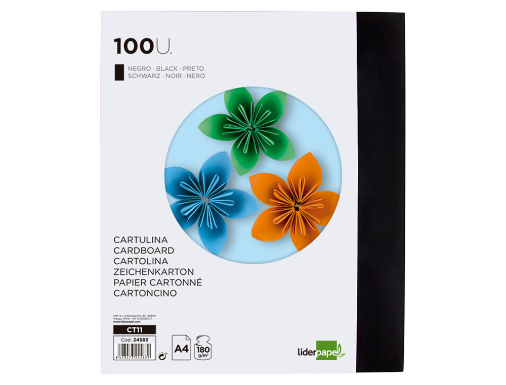 CARTOLINA LIDERPAPEL DIN A4 180 GR PRETO PACK DE 100 UNIDADES