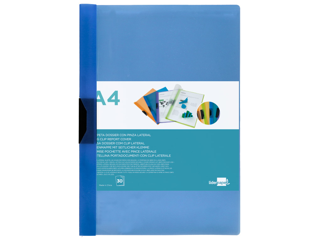 BOLSA DOSSIER LIDERPAPEL COM CLIP LATERAL DIN A4 AZUL 30 FOLHAS