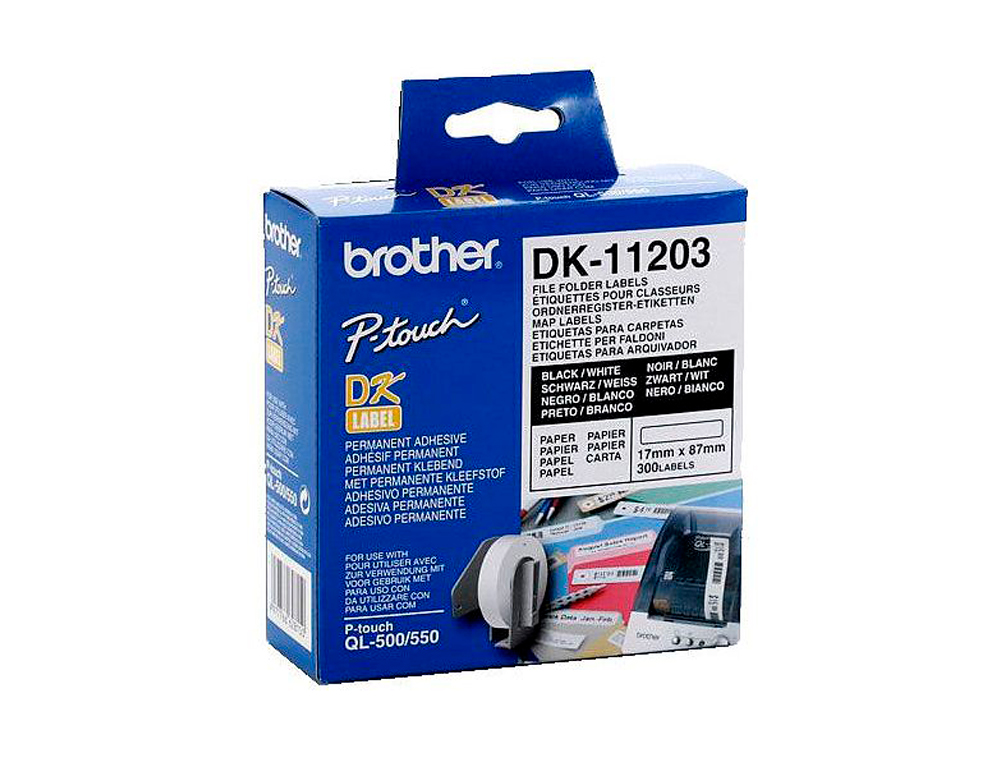 ETIQUETAS PRECORTADAS BROTHER DK11203 BRANCA 17 MM X 87 MM PAPEL TERMICO PARA PASTAS 300 ETIQUETAS