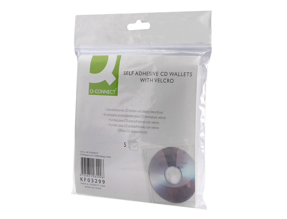 BOLSA PARA CD Q-CONNECT POLIPROPILENO AUTOADESIVA COM VELCRO BOLSA COM 5 UNIDADES