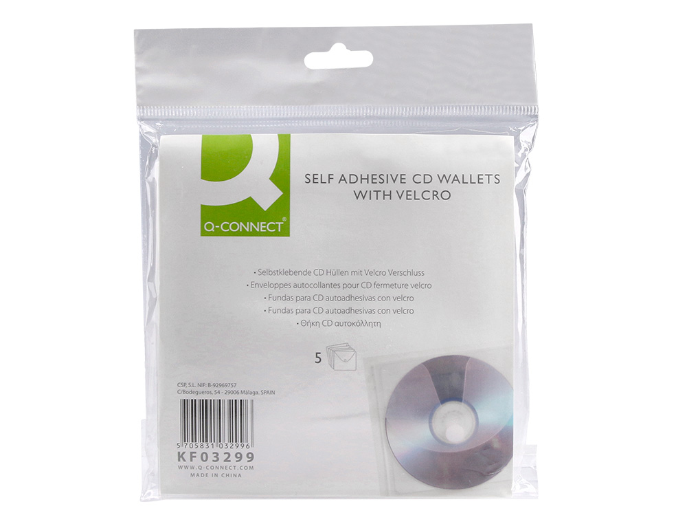 BOLSA PARA CD Q-CONNECT POLIPROPILENO AUTOADESIVA COM VELCRO BOLSA COM 5 UNIDADES