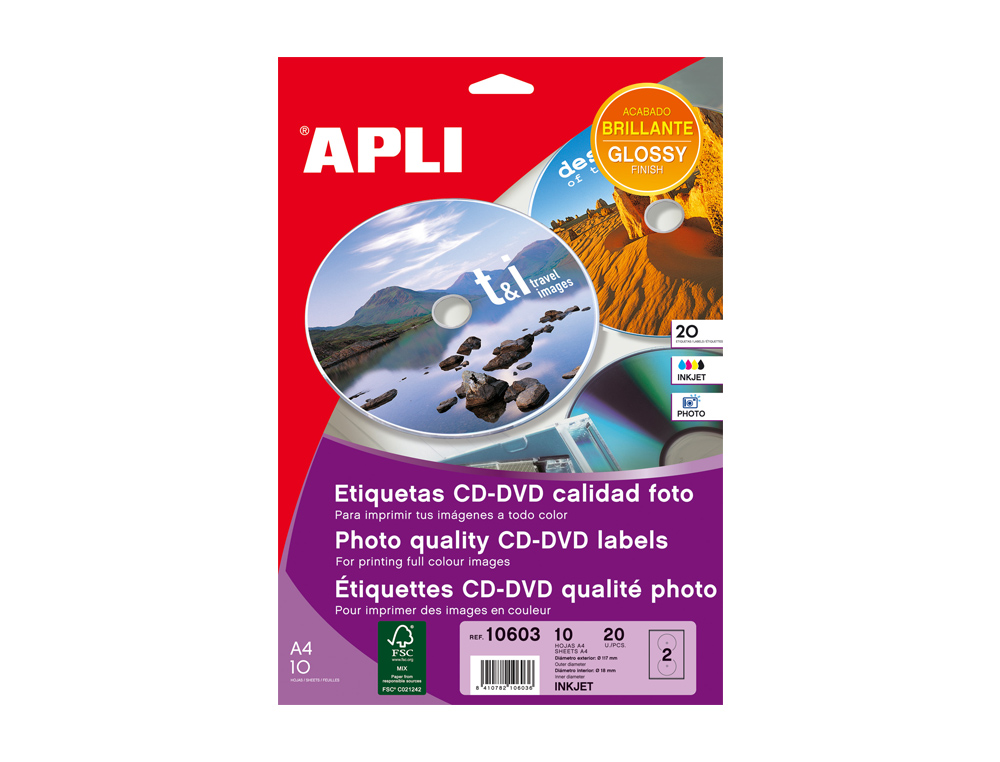 ETIQUETAS ADESIVAS APLI 10603 FORMATO CD-ROM 117 MM -FOTOCOPIADORA TINTEIRO CAIXA COM 10 FOLHAS/20 ETIQUETAS