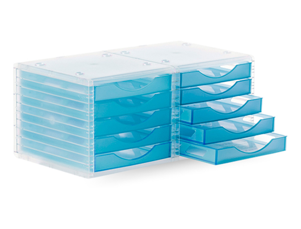 BLOCO CLASSIFICADOR DE SECRETARIA LIDERPAPEL EMPILHAVEIS 5 GAVETAS AZUL MAR TRANSLUCIDO 340X270X255 MM