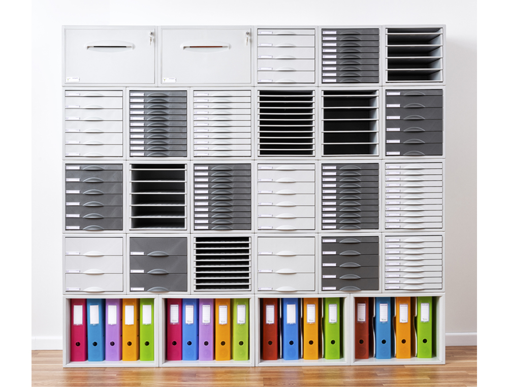 BLOCO CLASSIFICADOR DE SECRETARIA ARCHISYSTEM 5 GAVETAS COR CINZA 4 DE 52MM E 1 DE 22MM 356X316X303 MM