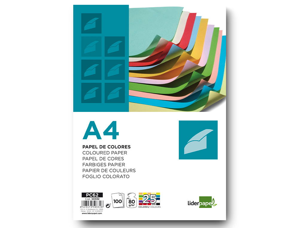 PAPEL DE COR LIDERPAPEL DIN A4 80 GR EMBALAGEM DE 100 FOLHAS 25 CORES SORTIDAS