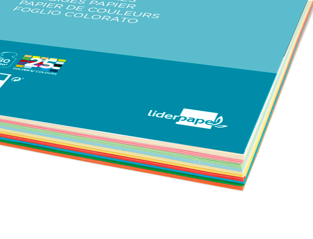 PAPEL DE COR LIDERPAPEL DIN A4 80 GR EMBALAGEM DE 100 FOLHAS 25 CORES SORTIDAS