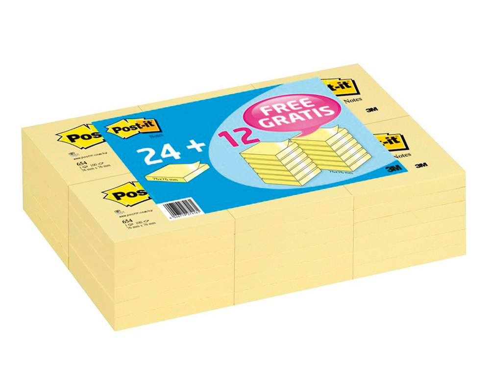 BLOCO DE NOTAS ADESIVAS TIRA E POE POST-IT 76X76MM -PACK PROMOCIONAL 24+12