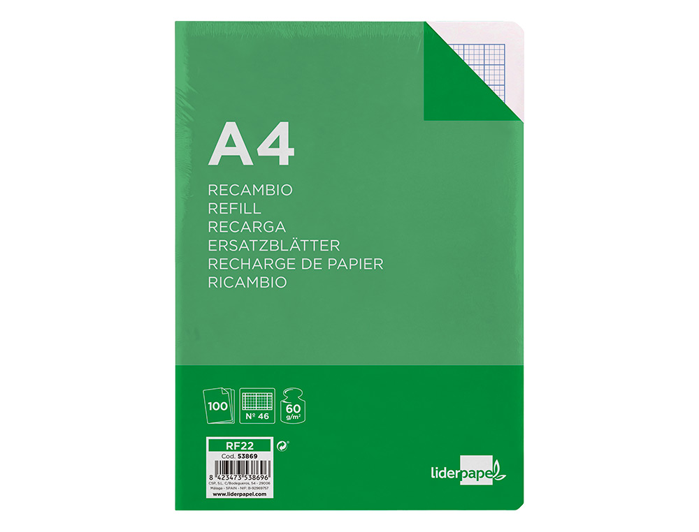 RECAMBIO LIDERPAPEL FOLIO 100 H. RAYADO Nº 46 4 TALADROS 60 GR.